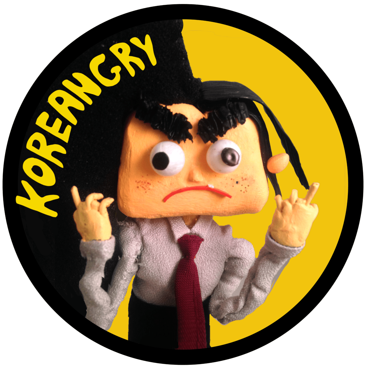 the main character of Koreangry, the 3-dimensional comic with furrowed brow, wearing a tie, and looking, yes, angry